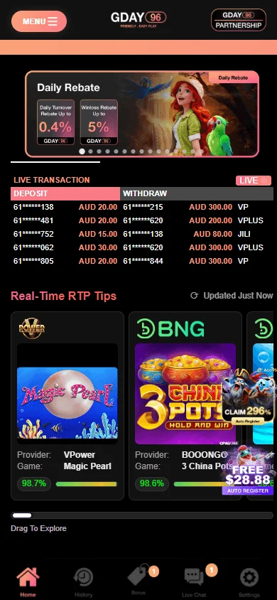 Gday96 Casino home screen on a mobile device