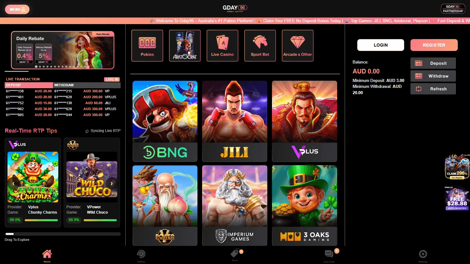 Gday96 Casino home screen on desktop