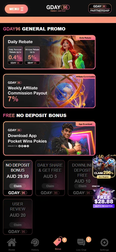 Gday96 Casino promotions screen on a mobile device