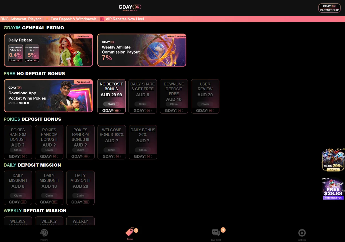Gday96 Casino promotions screen on desktop